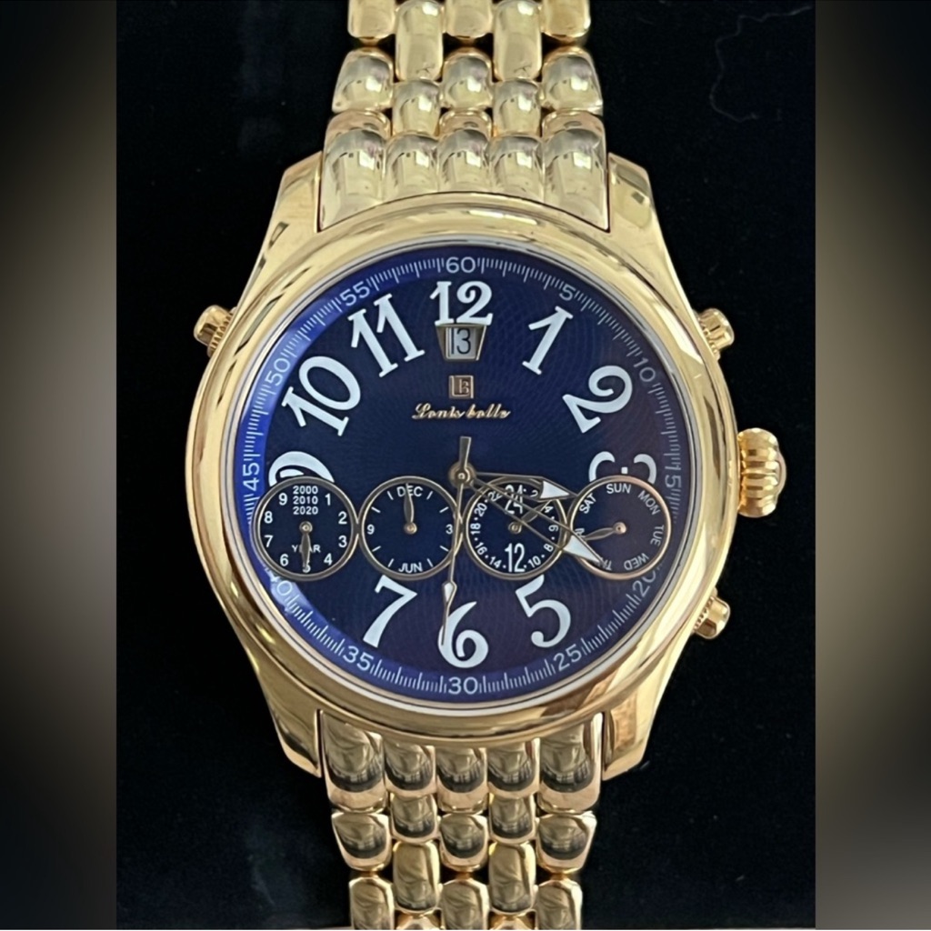 Louis Bolle Mens Automatic Chronograph Style Blue Dial GoldTone Weave Bracelet